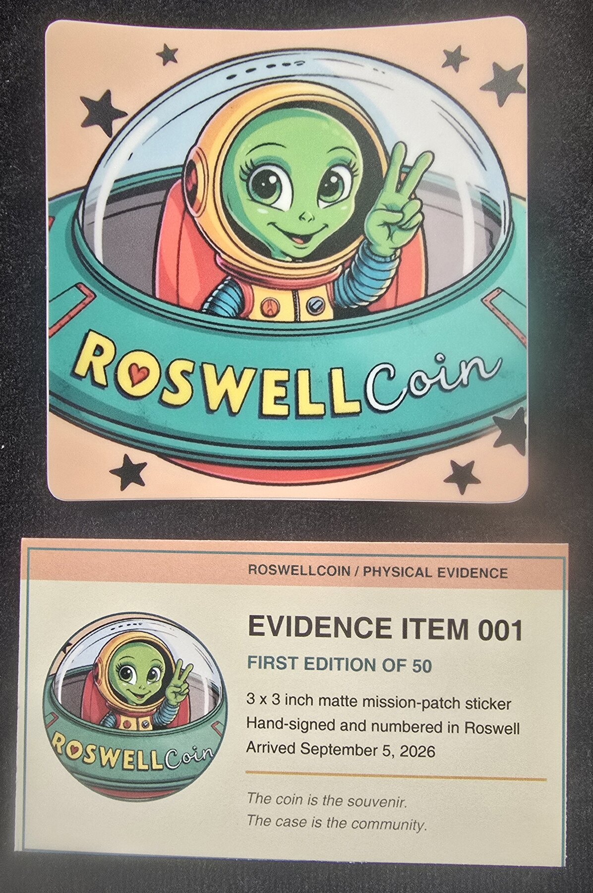 Front of RoswellCoin sticker 01/50 beside the printed Evidence Item 001 provenance card
