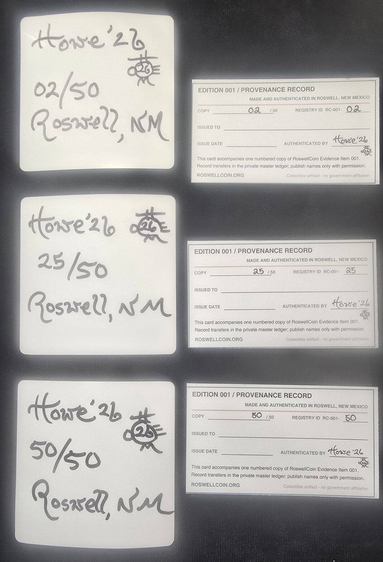 Signed backs of RoswellCoin stickers 02/50, 25/50, and 50/50 with their authenticated provenance cards
