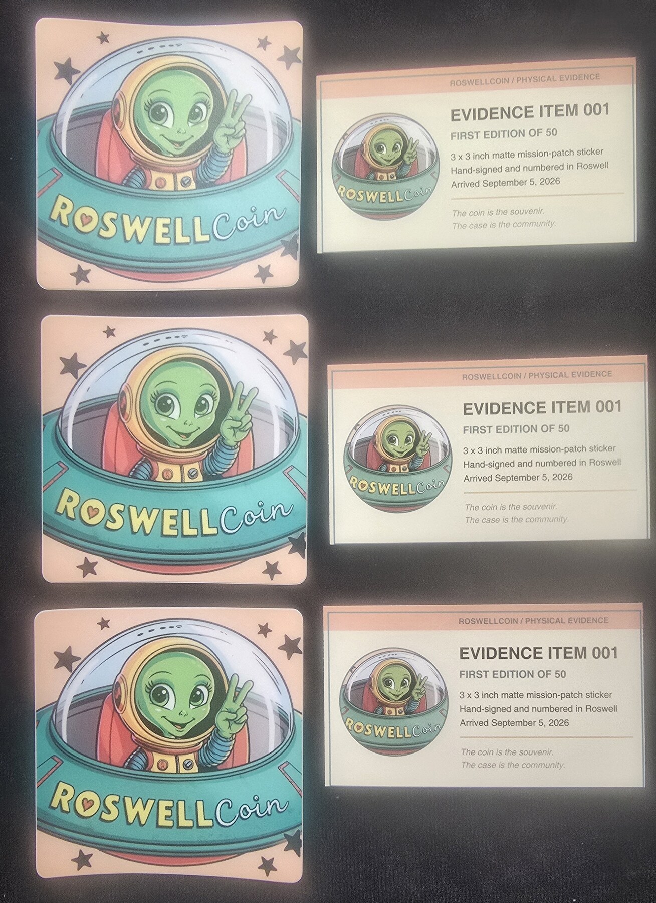 RoswellCoin stickers 02/50, 25/50, and 50/50 beside their matching provenance records